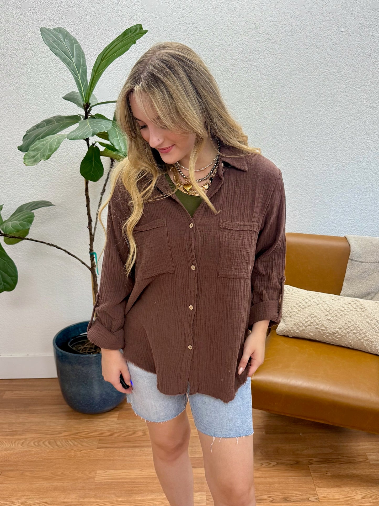Brown Double Gauze Button Down Top