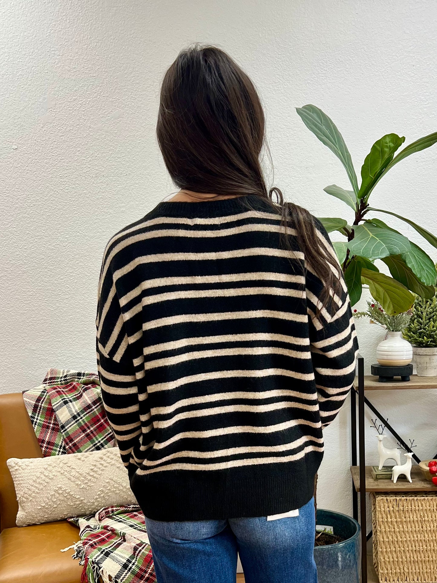 Black Front Seam Striped Sweater