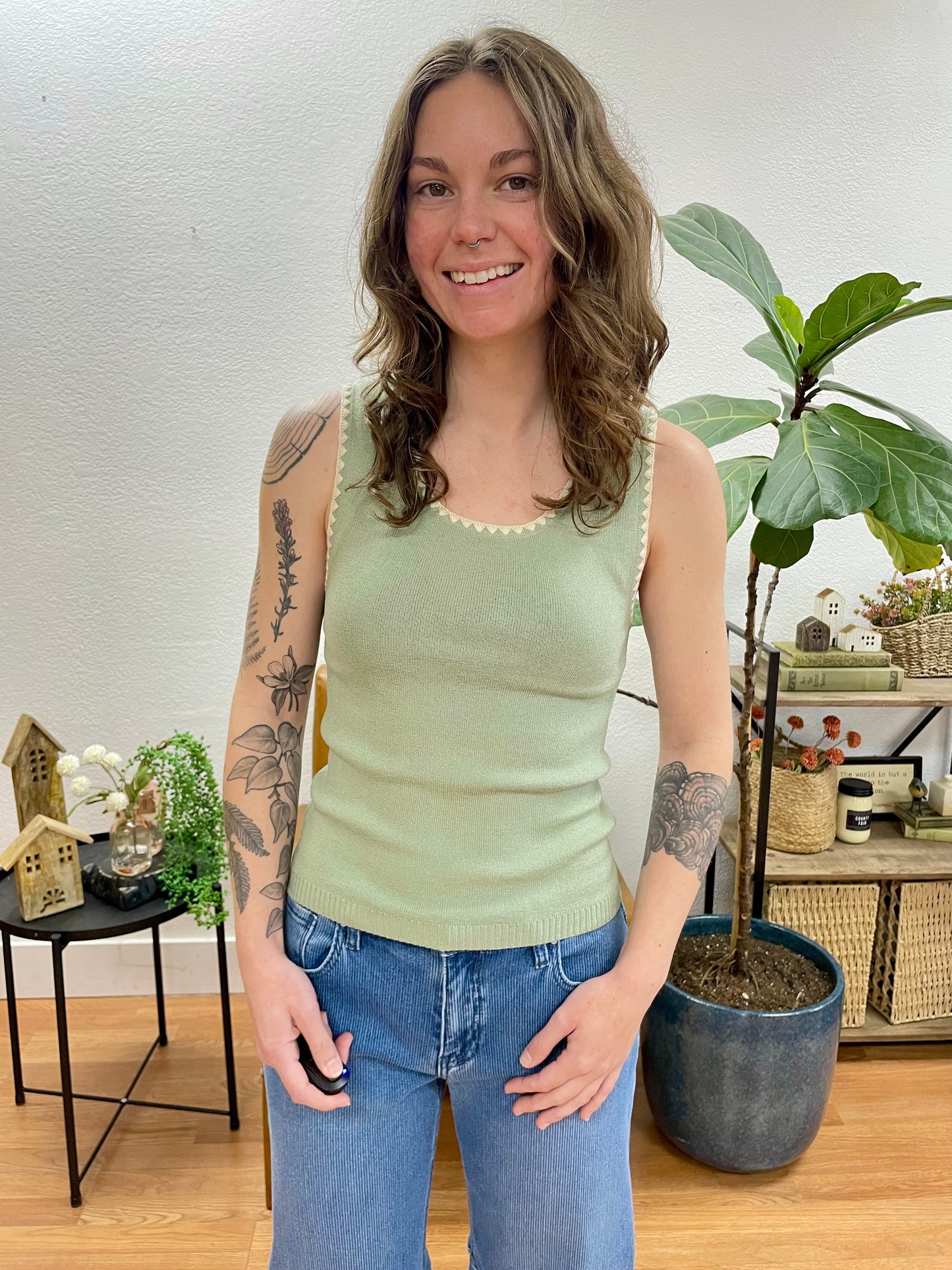 Sage Contrast Hem Sleeveless Sweater - Terra Cottage