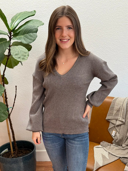 Grey Balloon Sleeve V Neck Sweater