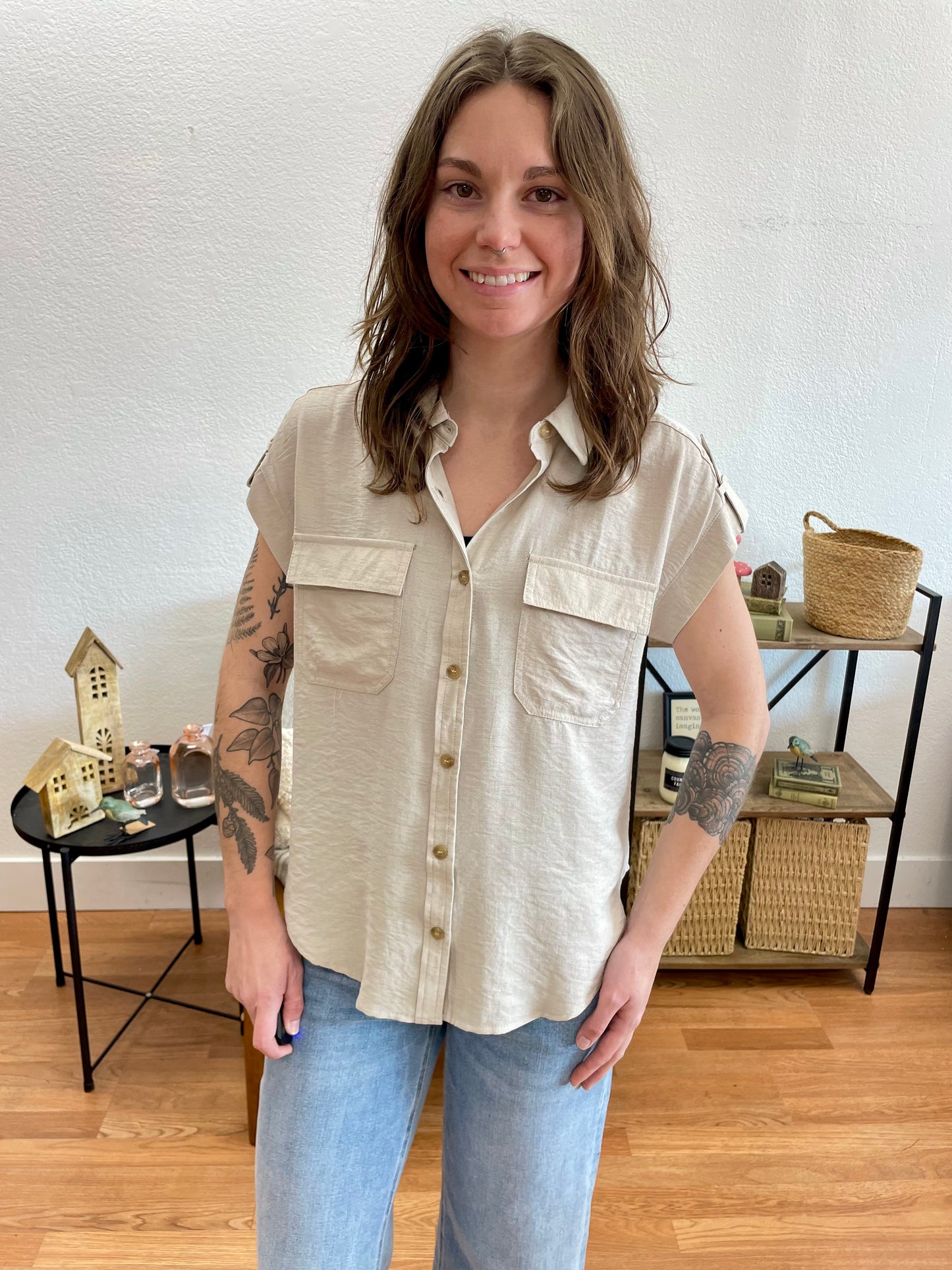 Beige Collared Tab Sleeve Top