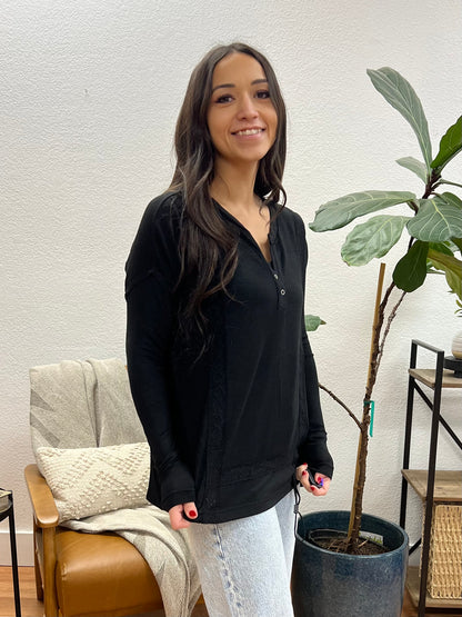 Black Brushed Lace + Knit Henley Top