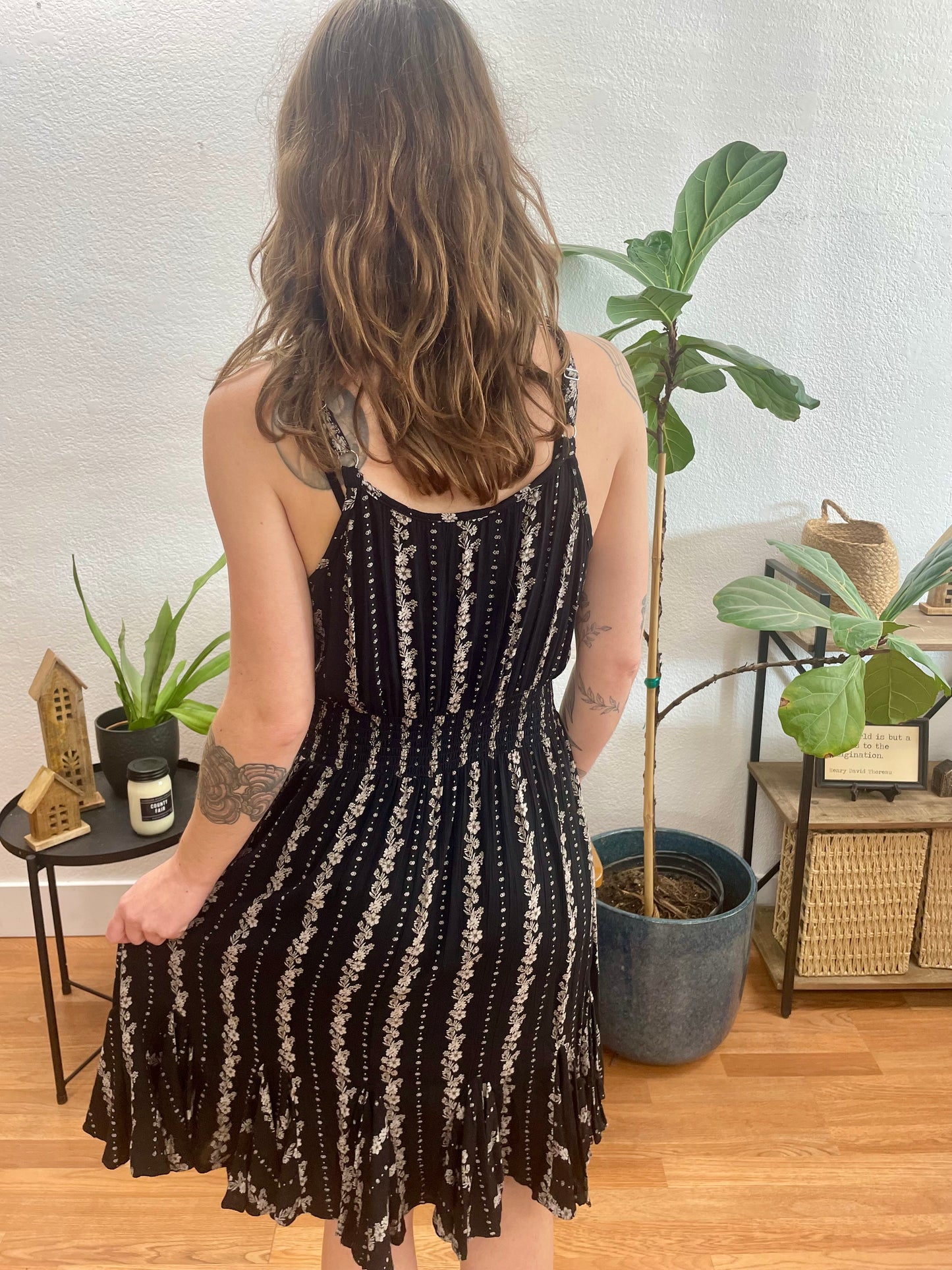 Black Patterned Smocked Waist Dress - Terra Cottage