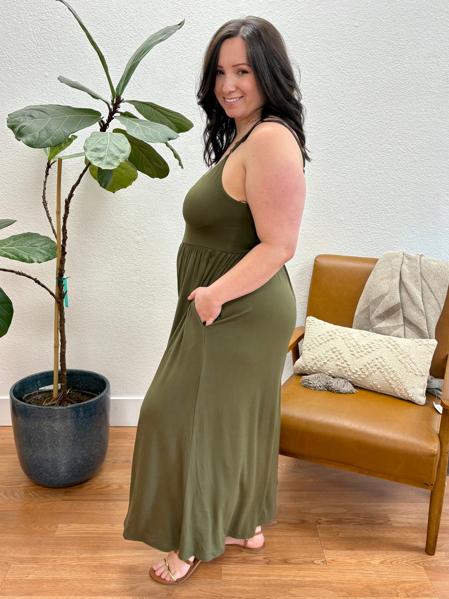 Deep Olive U-Neck Flare Wide Leg Jumpsuit