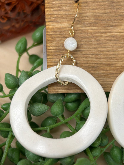 Wooden Hoop And Shell Bead Dangle Earrings