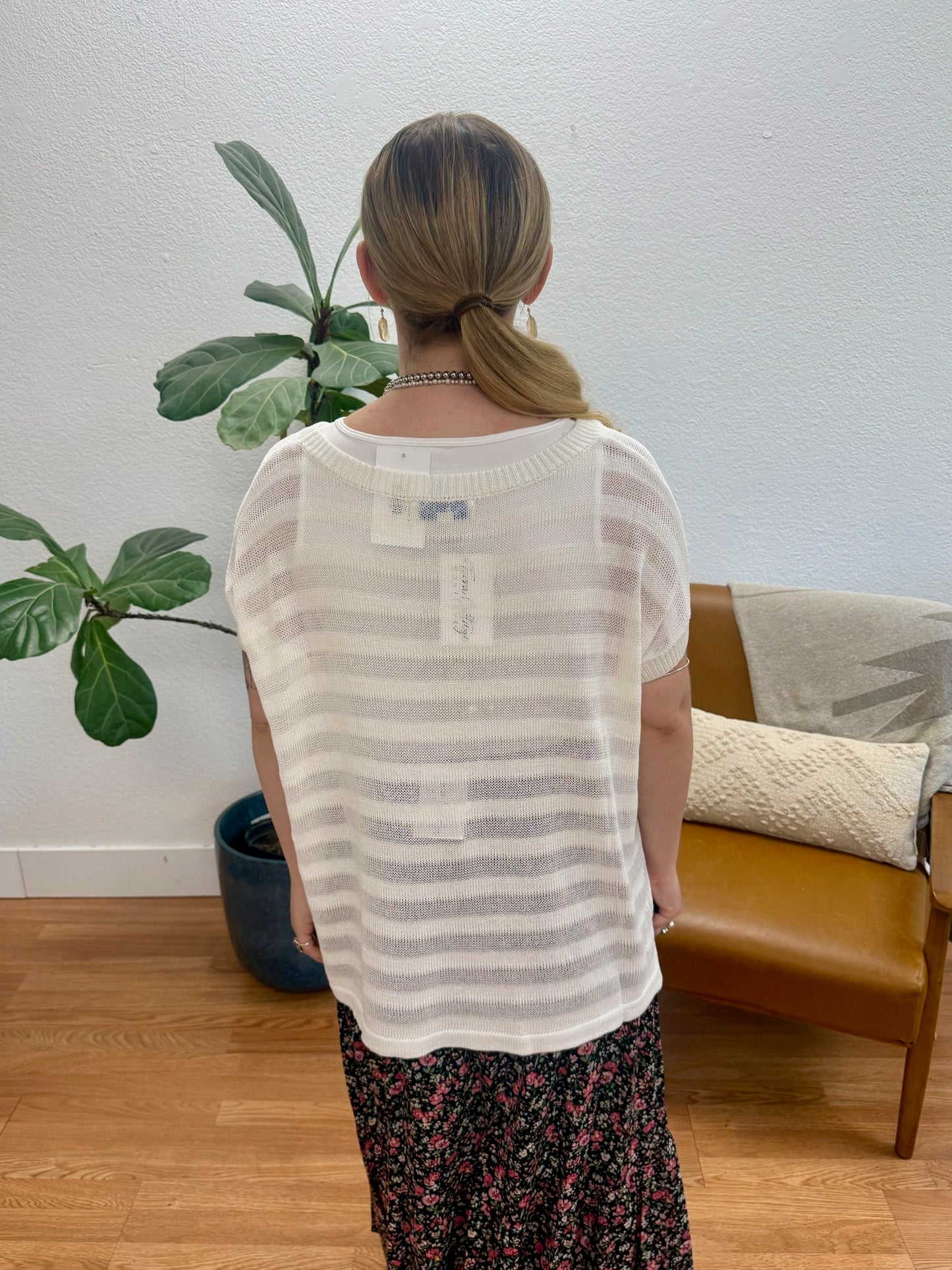 Off White Drop Shoulder Sheer Top