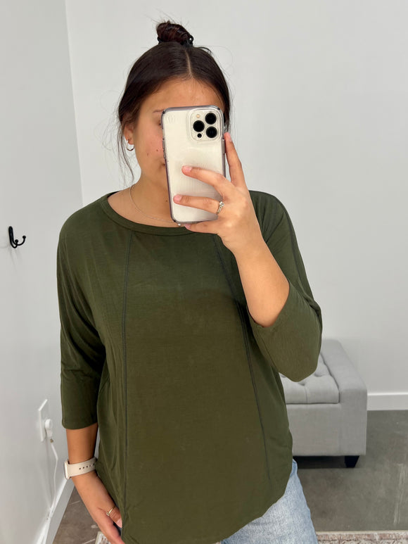 Olive Contrast Stitch 3/4 Sleeve Tee