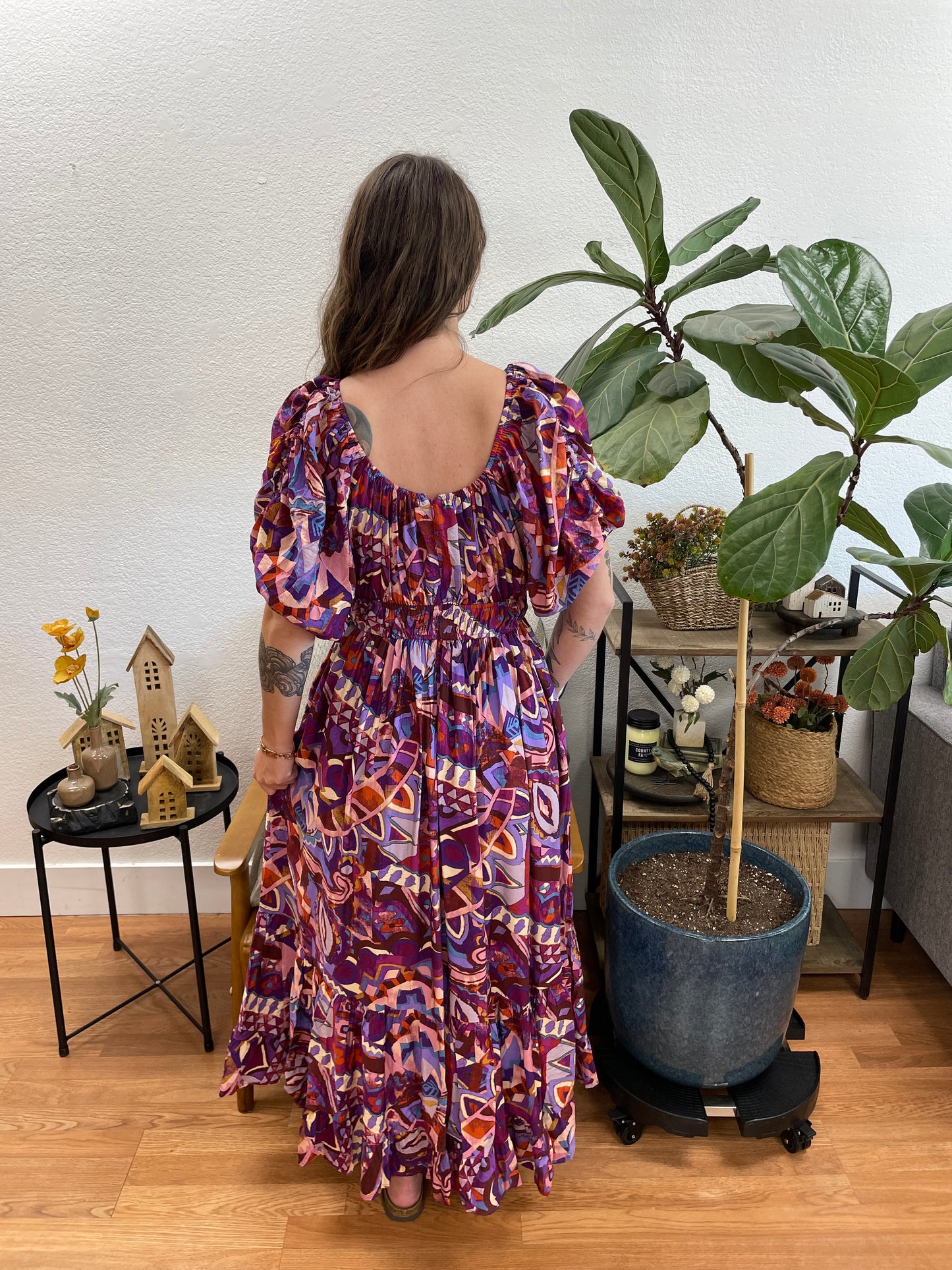 Purple Patterned Square Neck Midi Dress