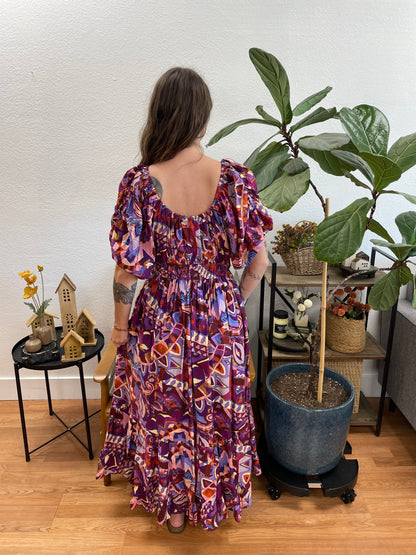 Purple Patterned Square Neck Midi Dress