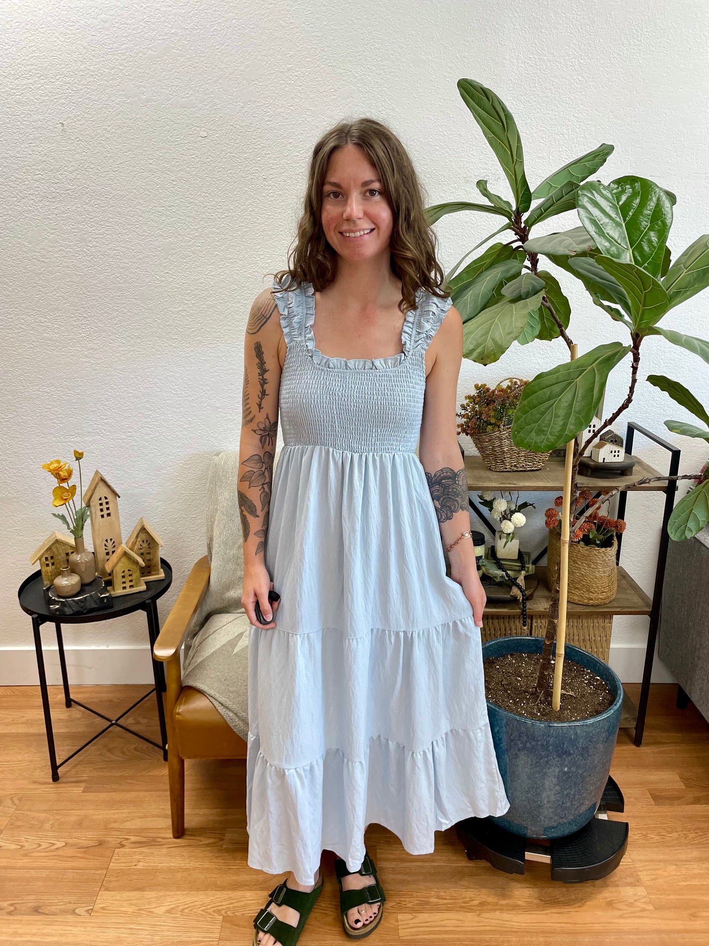 Sky Blue Smocked Tiered Ruffle Strap Dress