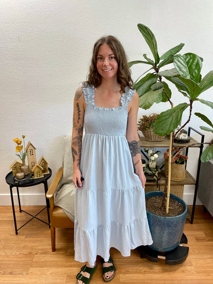 Sky Blue Smocked Tiered Ruffle Strap Dress