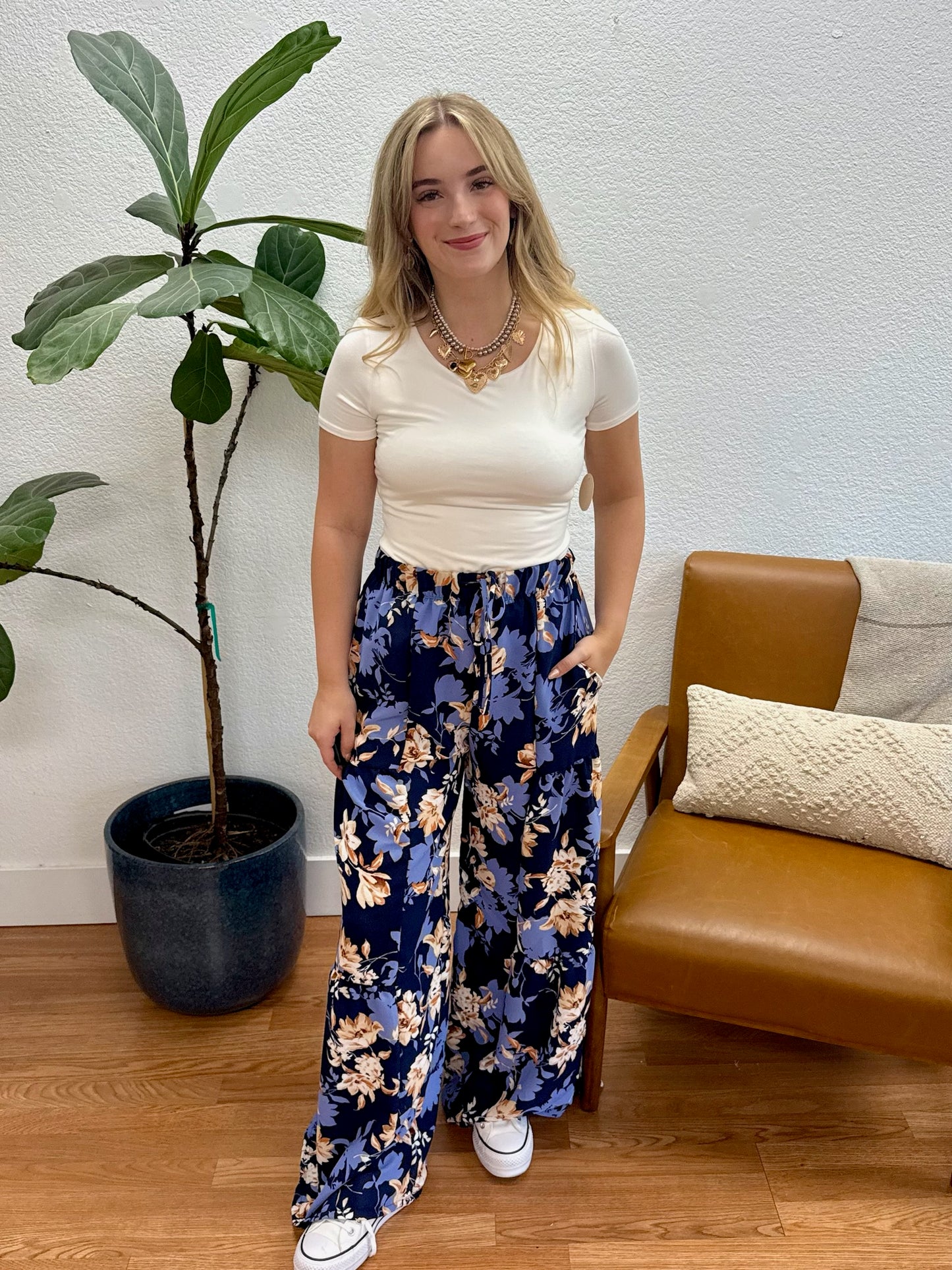Navy Floral Wide Leg Pants