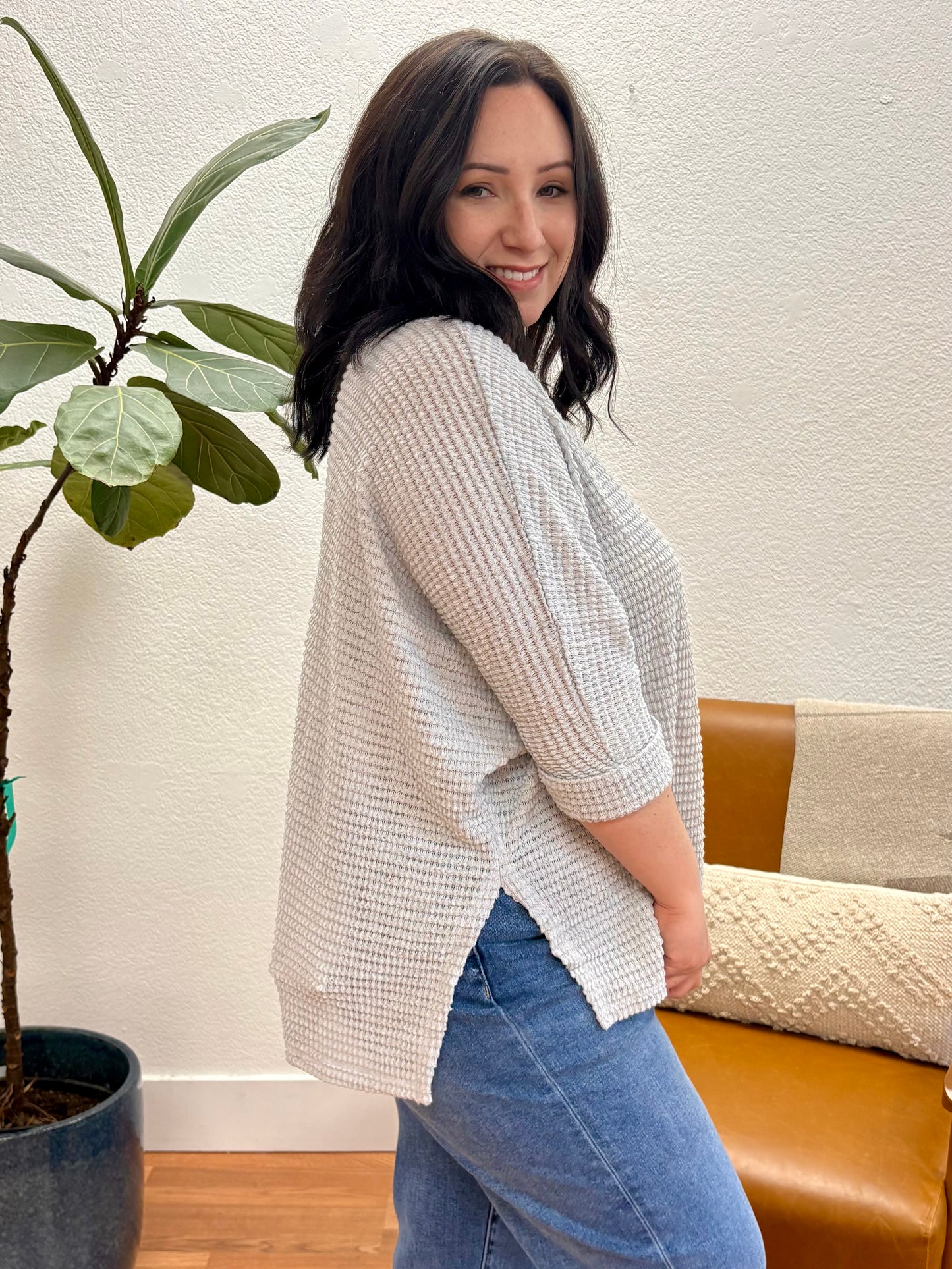 Light Grey 3/4 Sleeve Jacquard Sweater