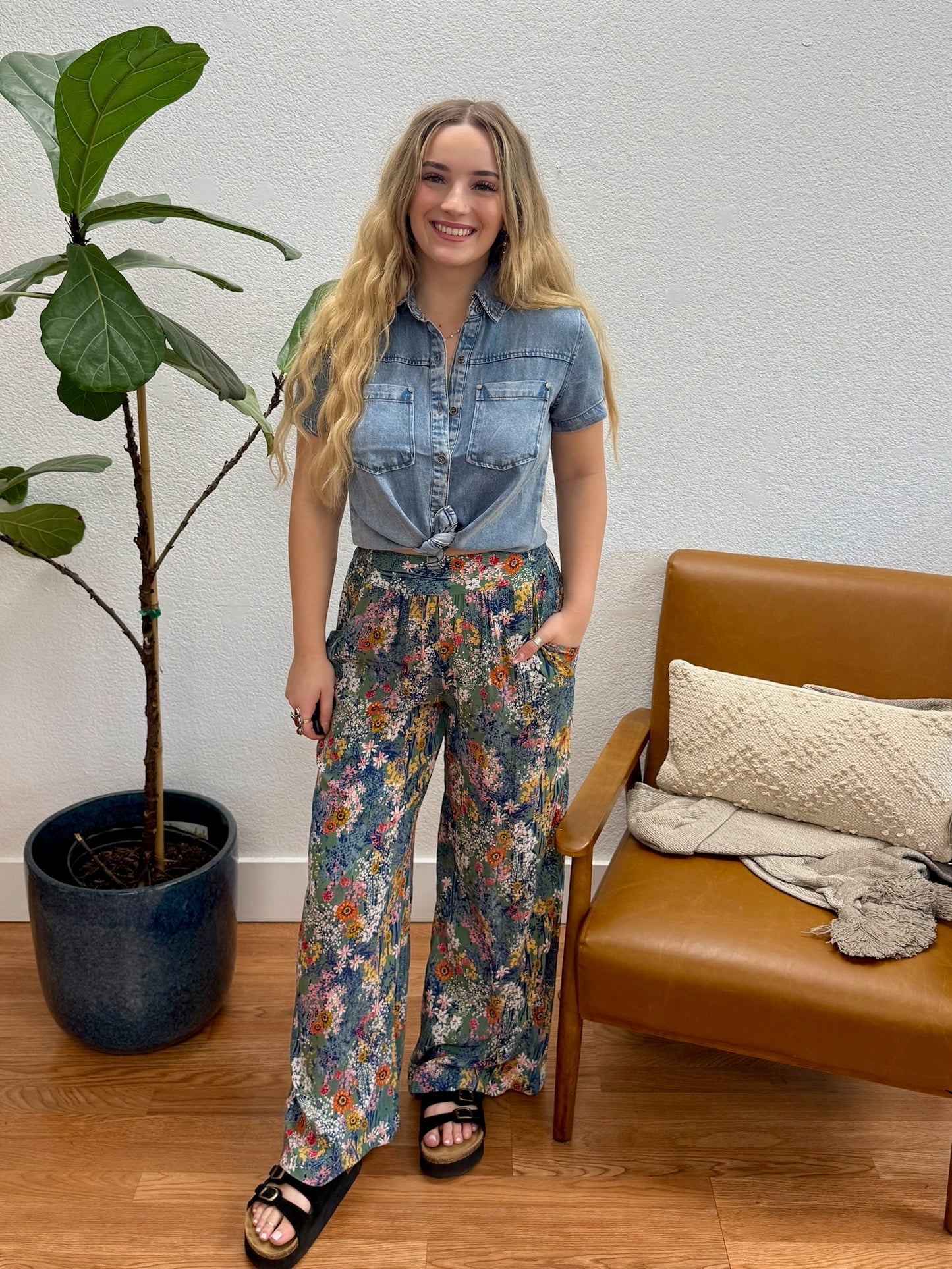 Green Print Wide Leg Pants