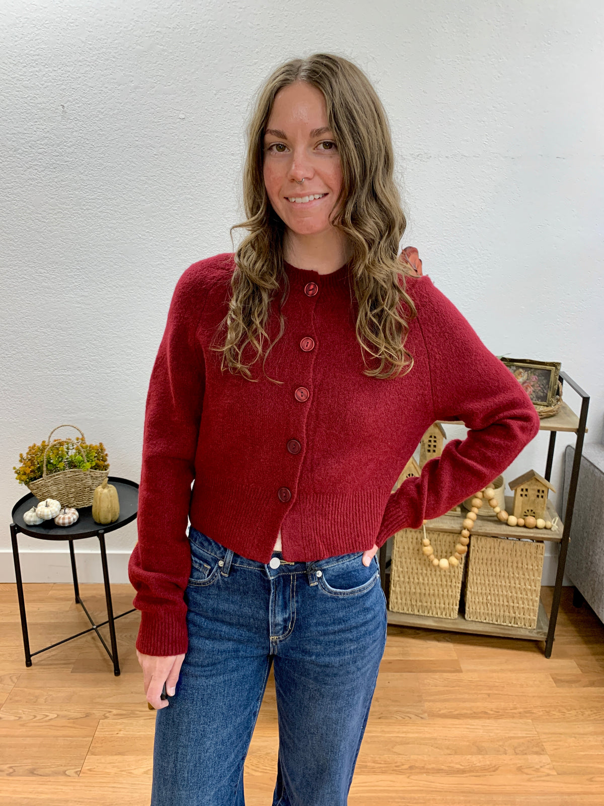 Burgundy Round Neck Cardigan