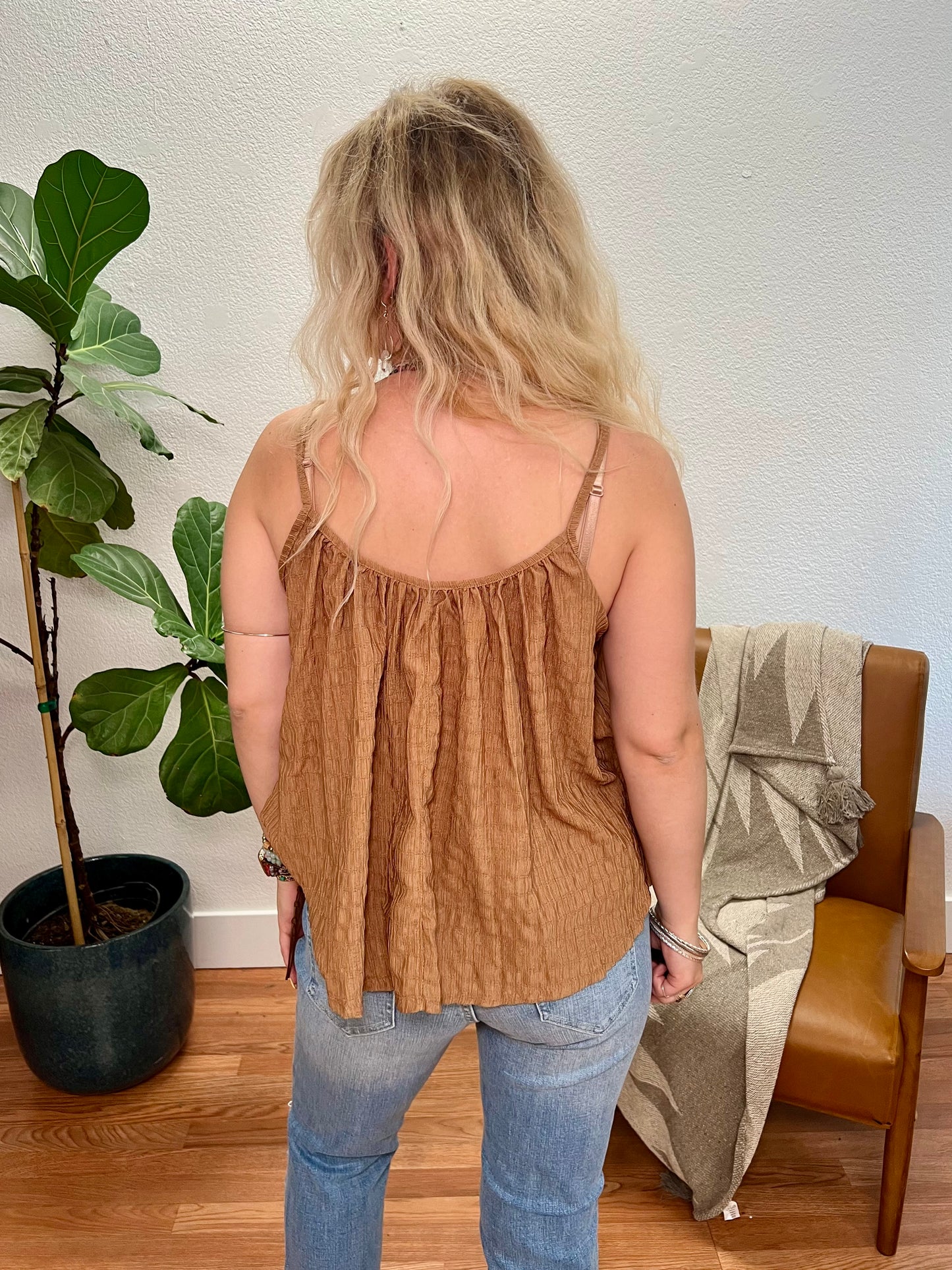 Mocha Shirred Pleated Cami Top