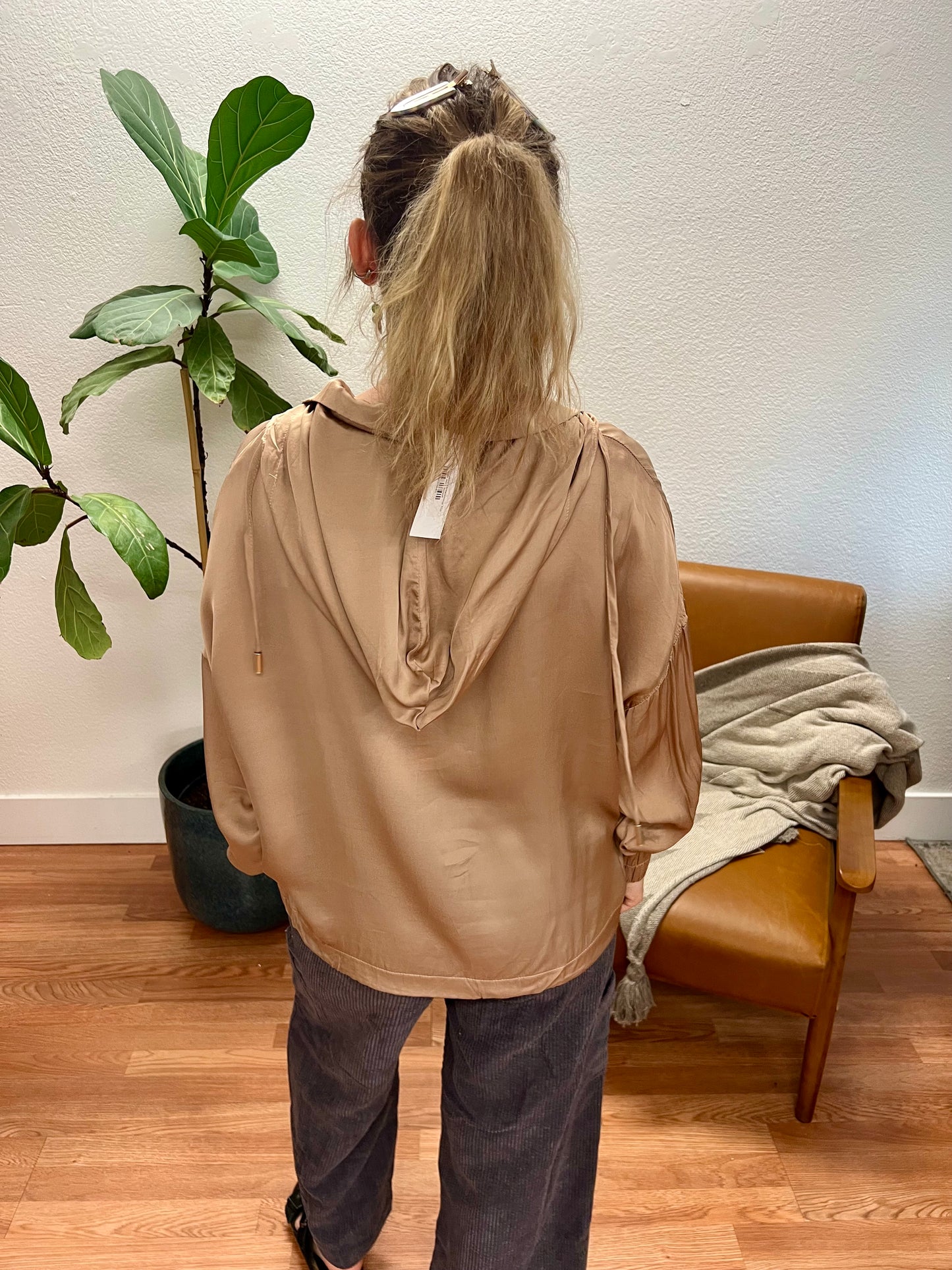 Taupe Hooded Drawstring Top