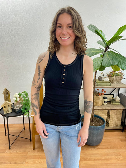 Black Henley Ribbed Tank