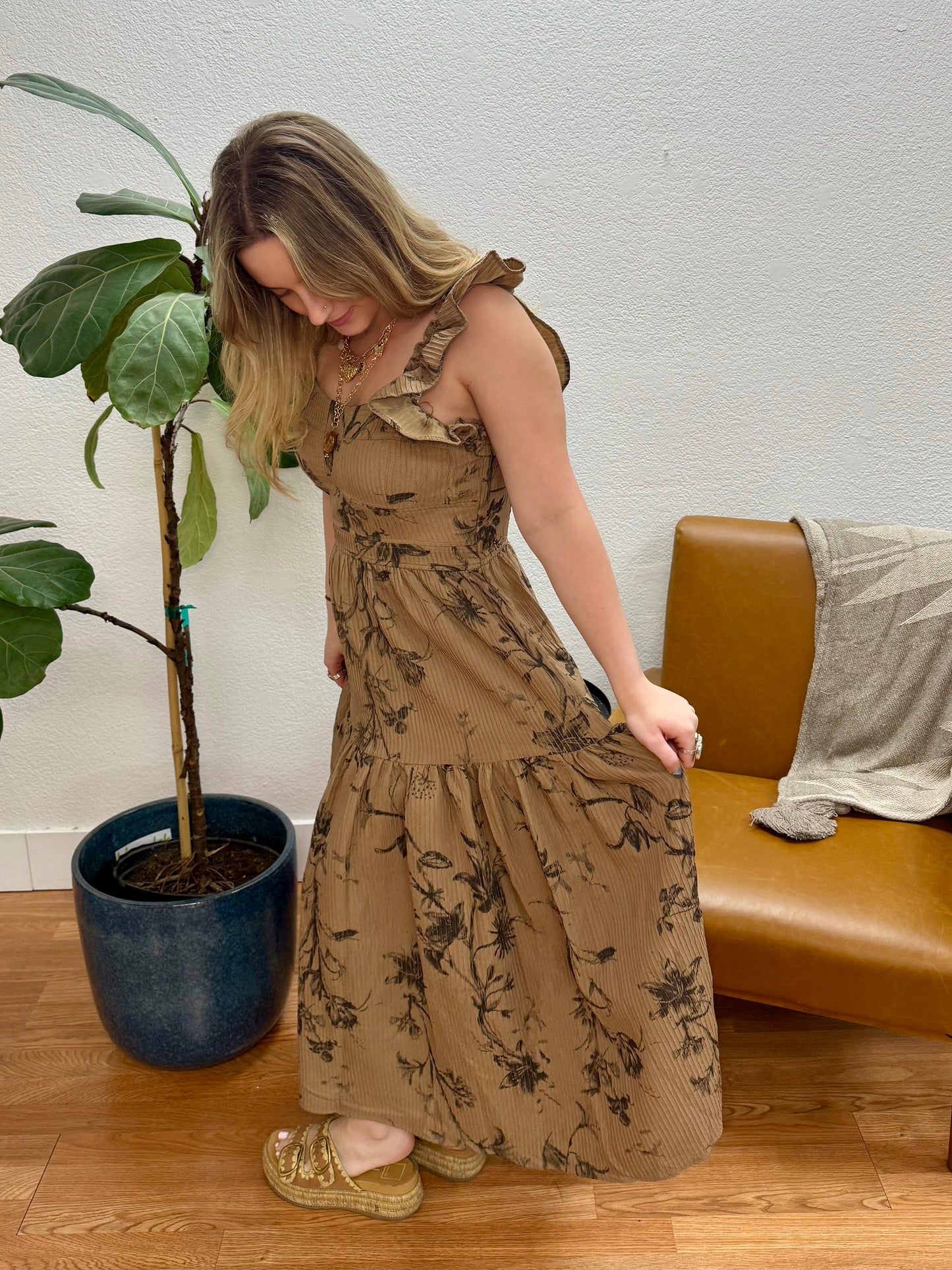 Mocha Floral Smock Maxi Dress