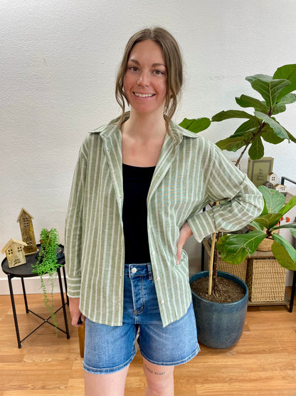 Olive Striped Button Up Blouse