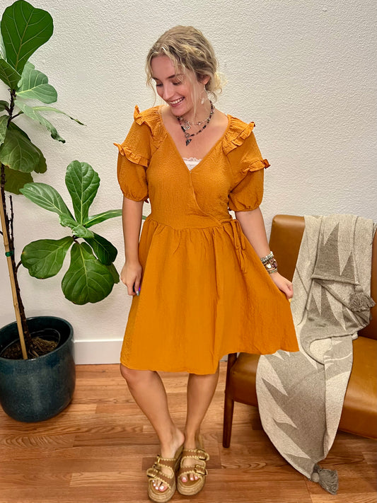 Mustard Wrap Smocked Dress