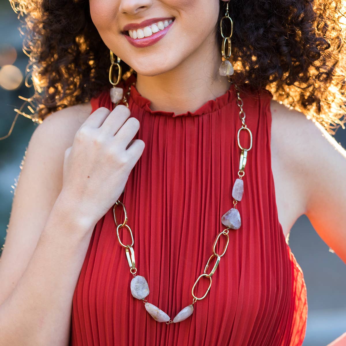 Gold-Plated Long Necklace With Golden Rutile Stones