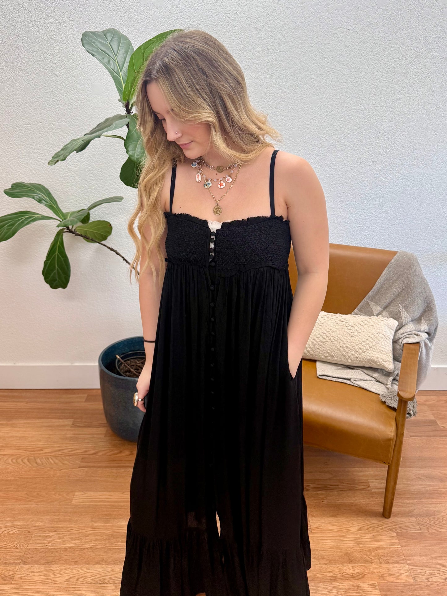 Black Smocked Bodice Maxi Dress
