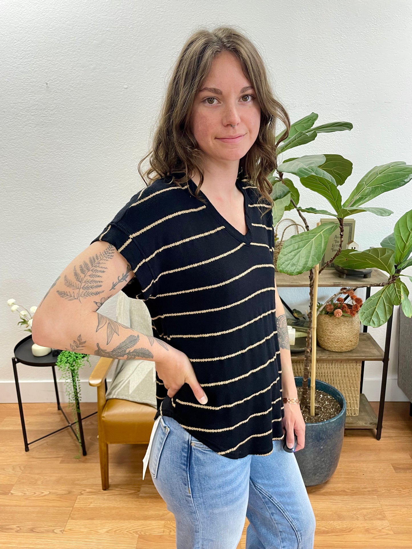 Black Striped V Neck Knit Tee