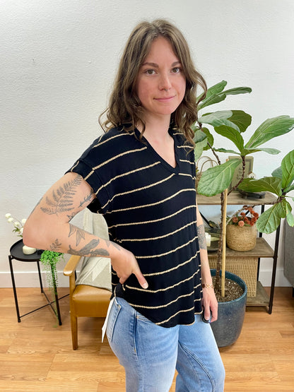 Black Striped V Neck Knit Tee