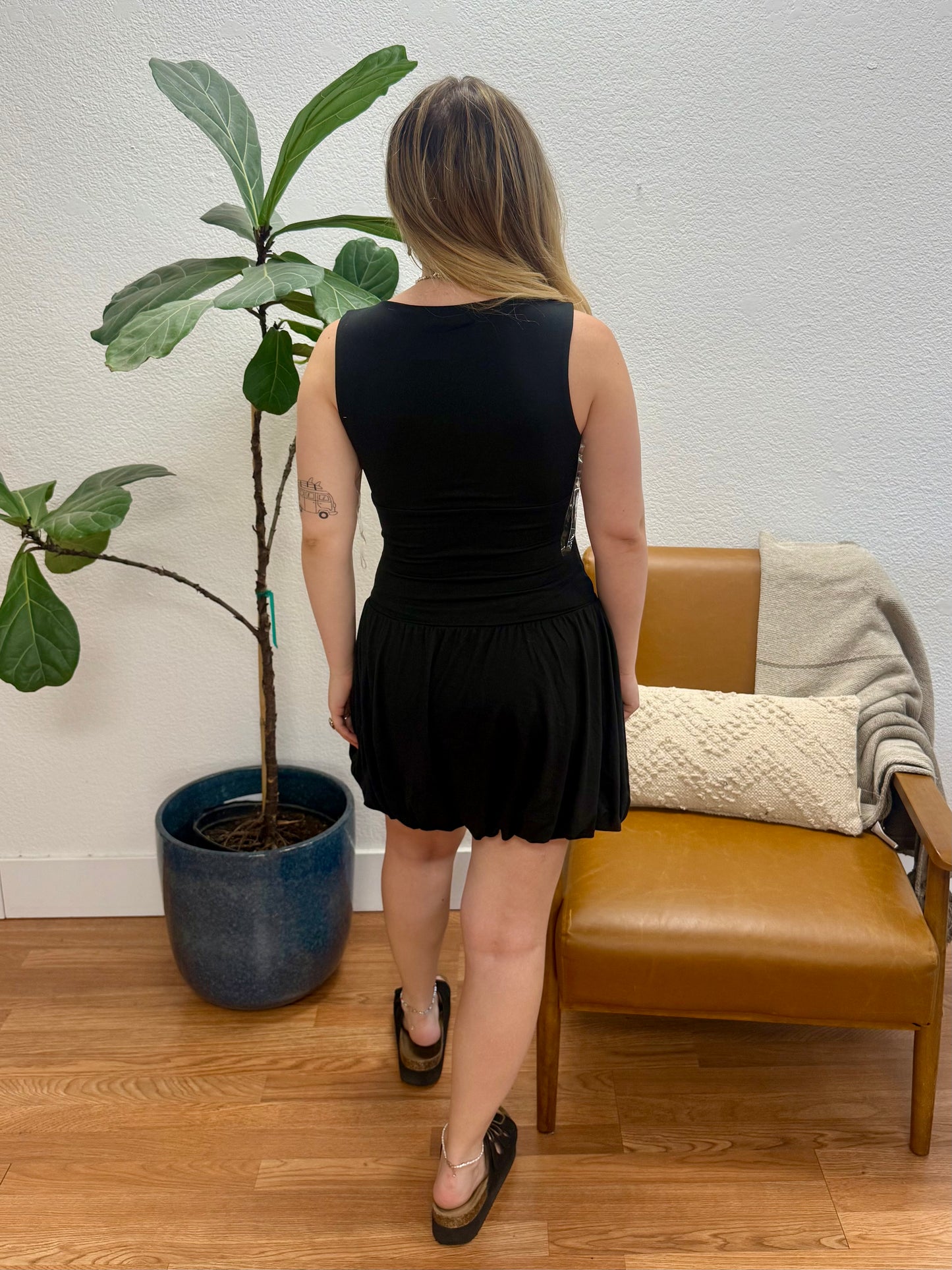 Black Double Layer Balloon Tank Mini Dress