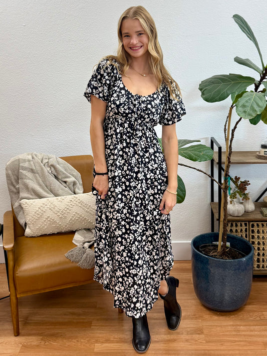 Black And Ivory Floral Sweetheart Dress