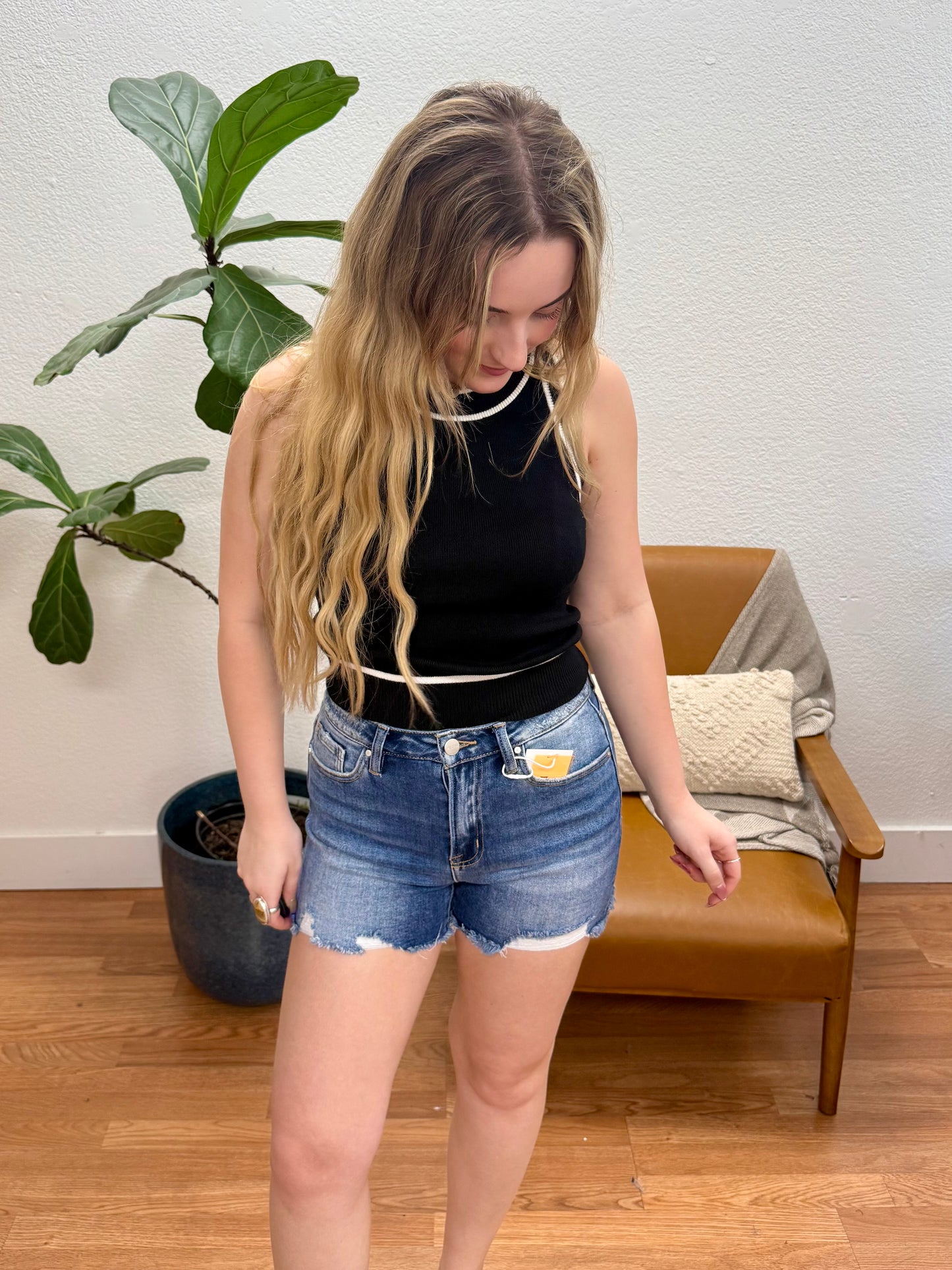 RISEN Dark High Waist Distress Hem Shorts