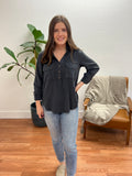 Charcoal Woven Half Button Up Top