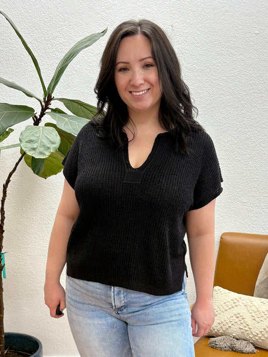 Black Split Neck Knit Pullover
