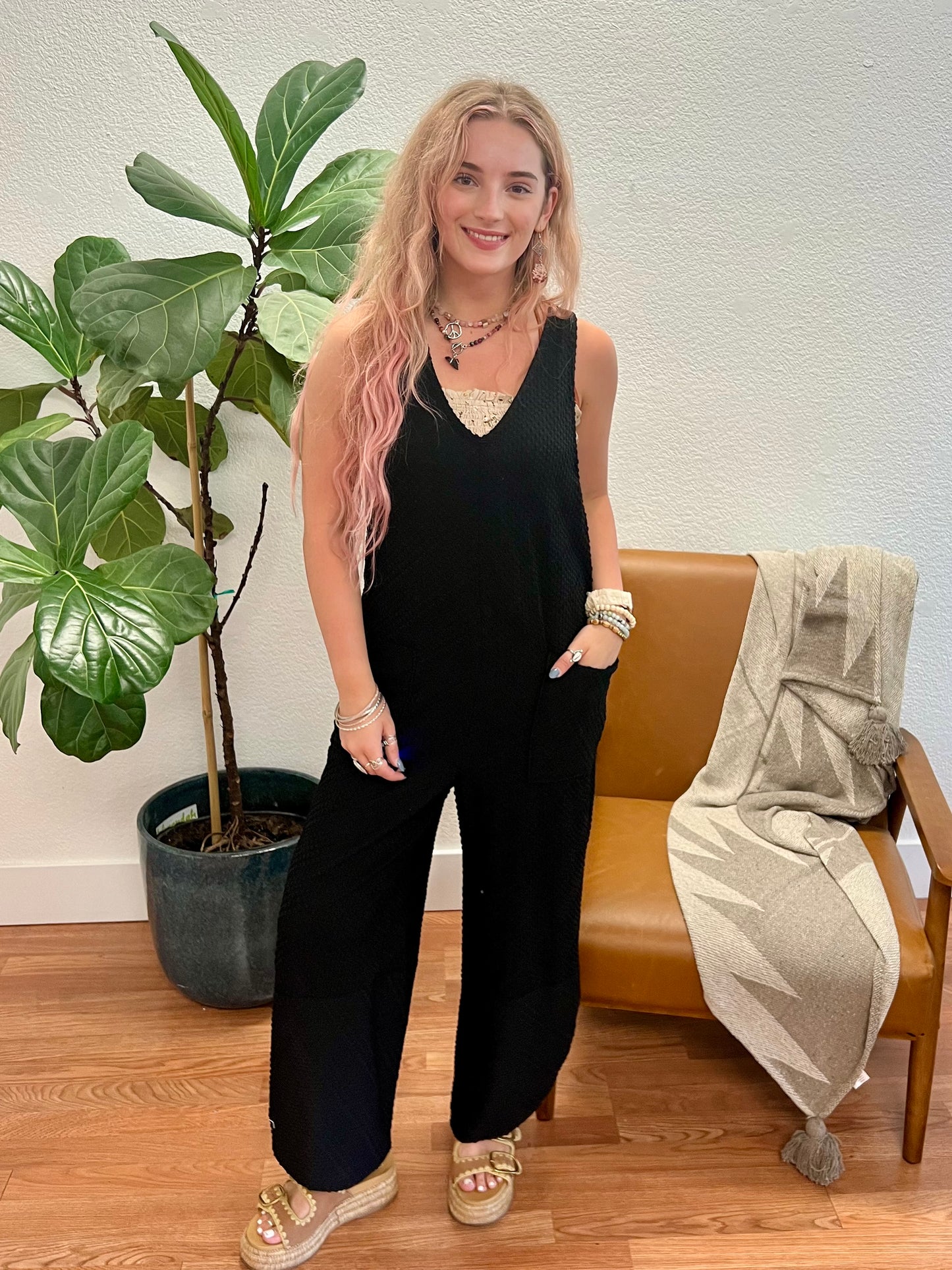 Black Textured Knit Jumpsuit