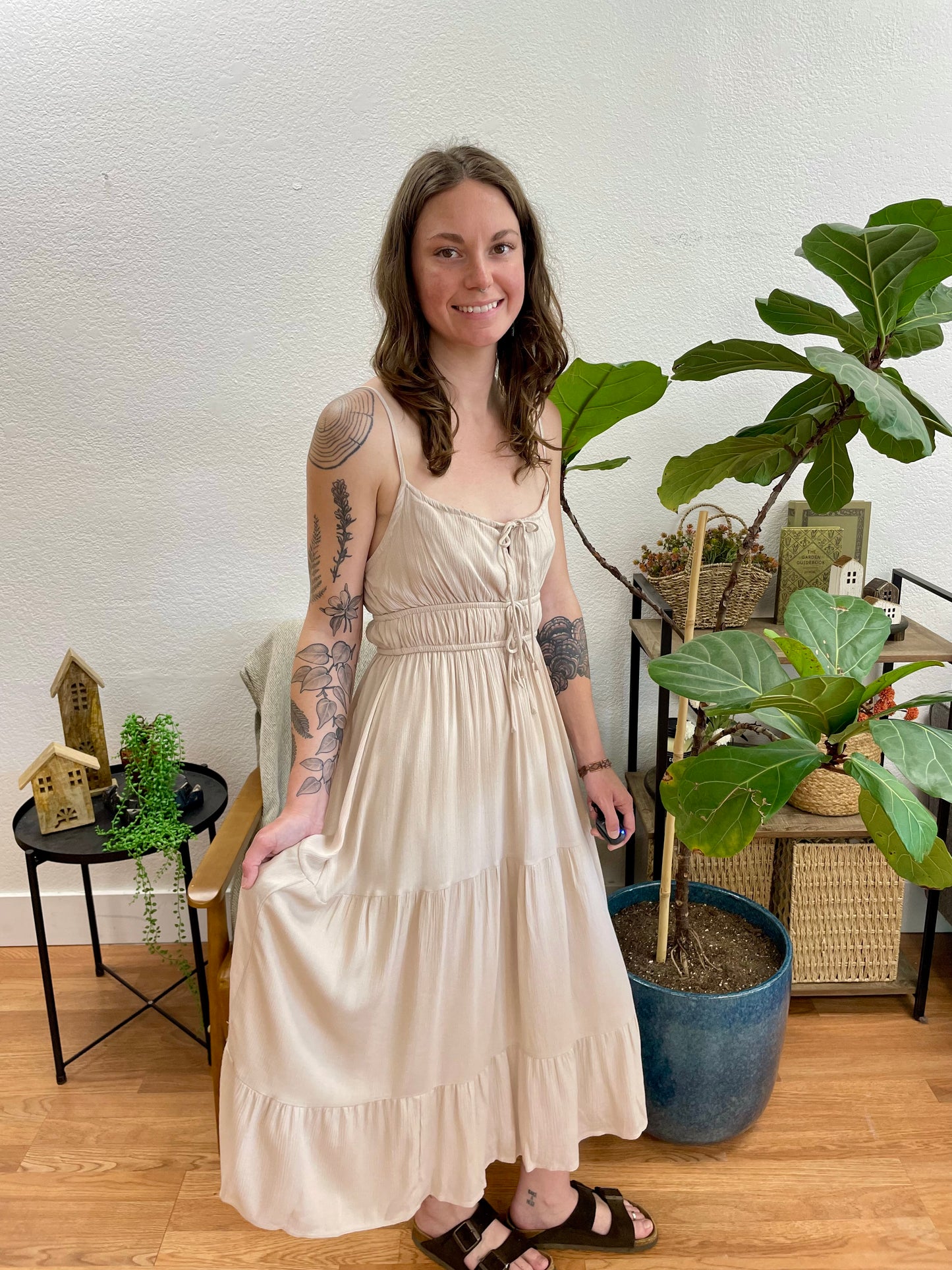Natural Front Tie Smocked Tiered Dress