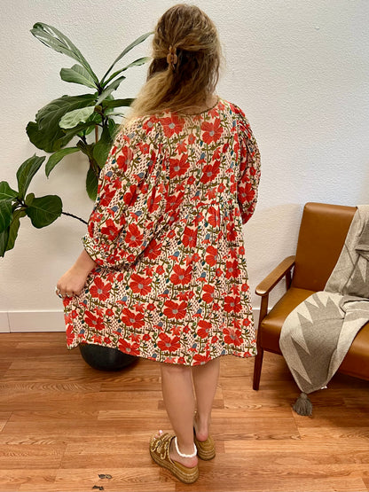 Coral Floral Puff Sleeve Mini Dress
