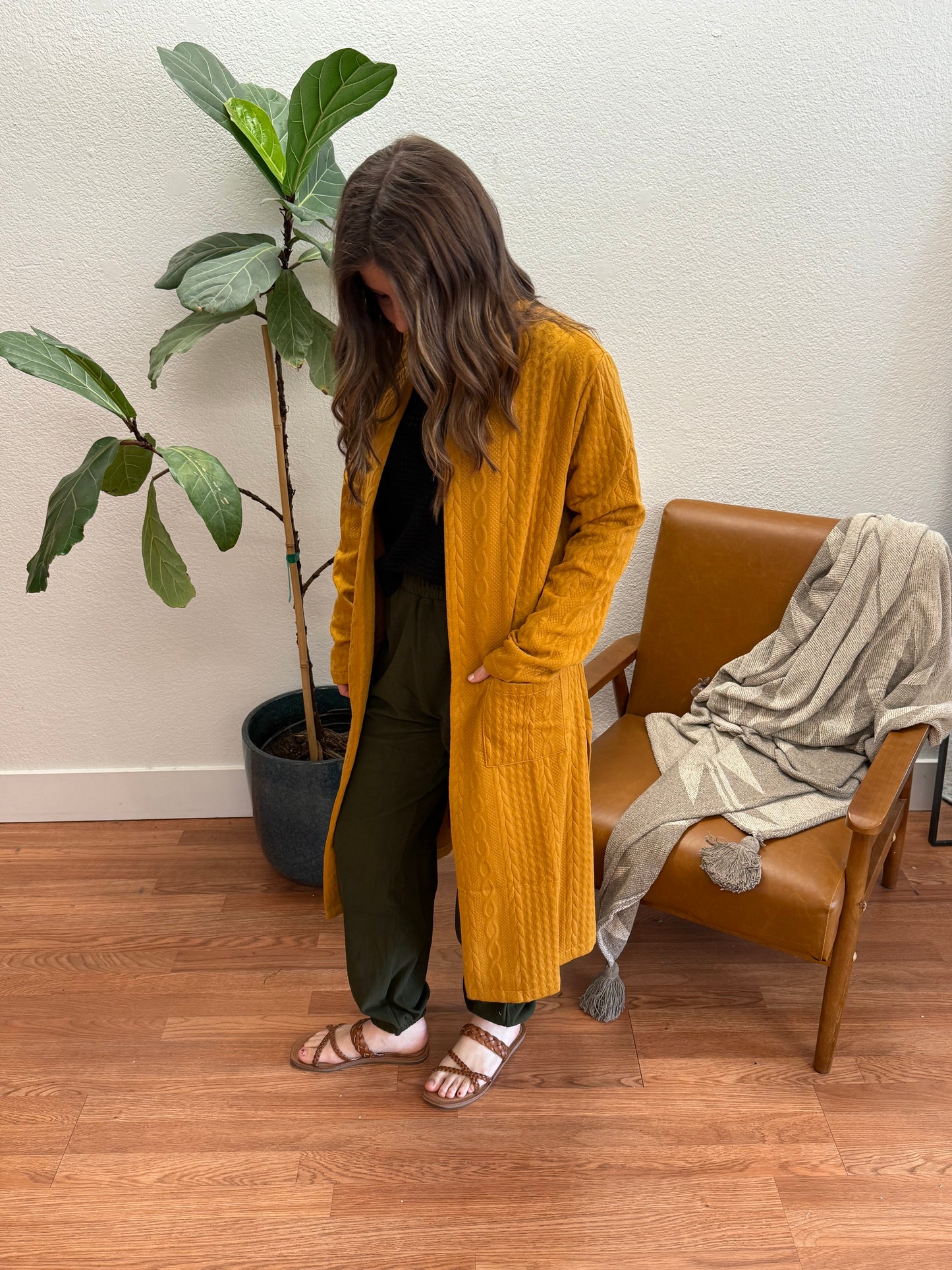 Mustard Braided Long Pocket Cardigan