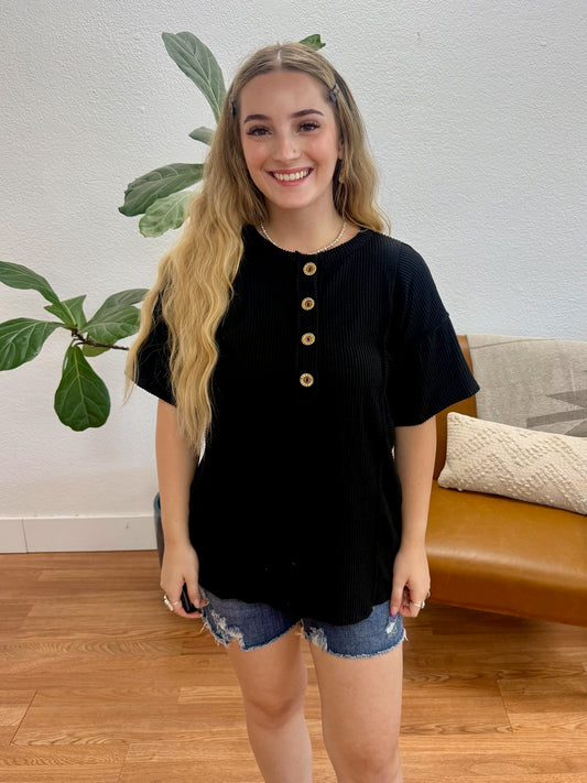 Black Urban Ribbed Button Top