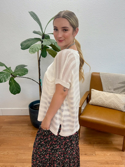 Off White Drop Shoulder Sheer Top