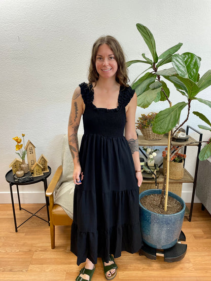 Black Smocked Tiered Ruffle Strap Dress