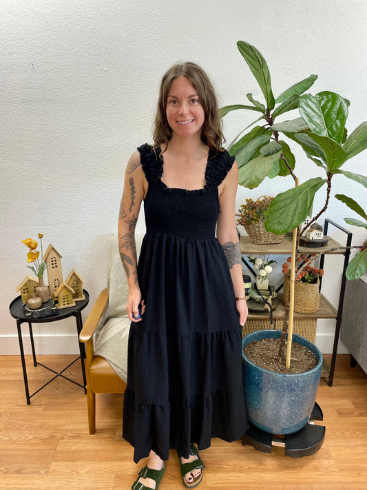 Black Smocked Tiered Ruffle Strap Dress
