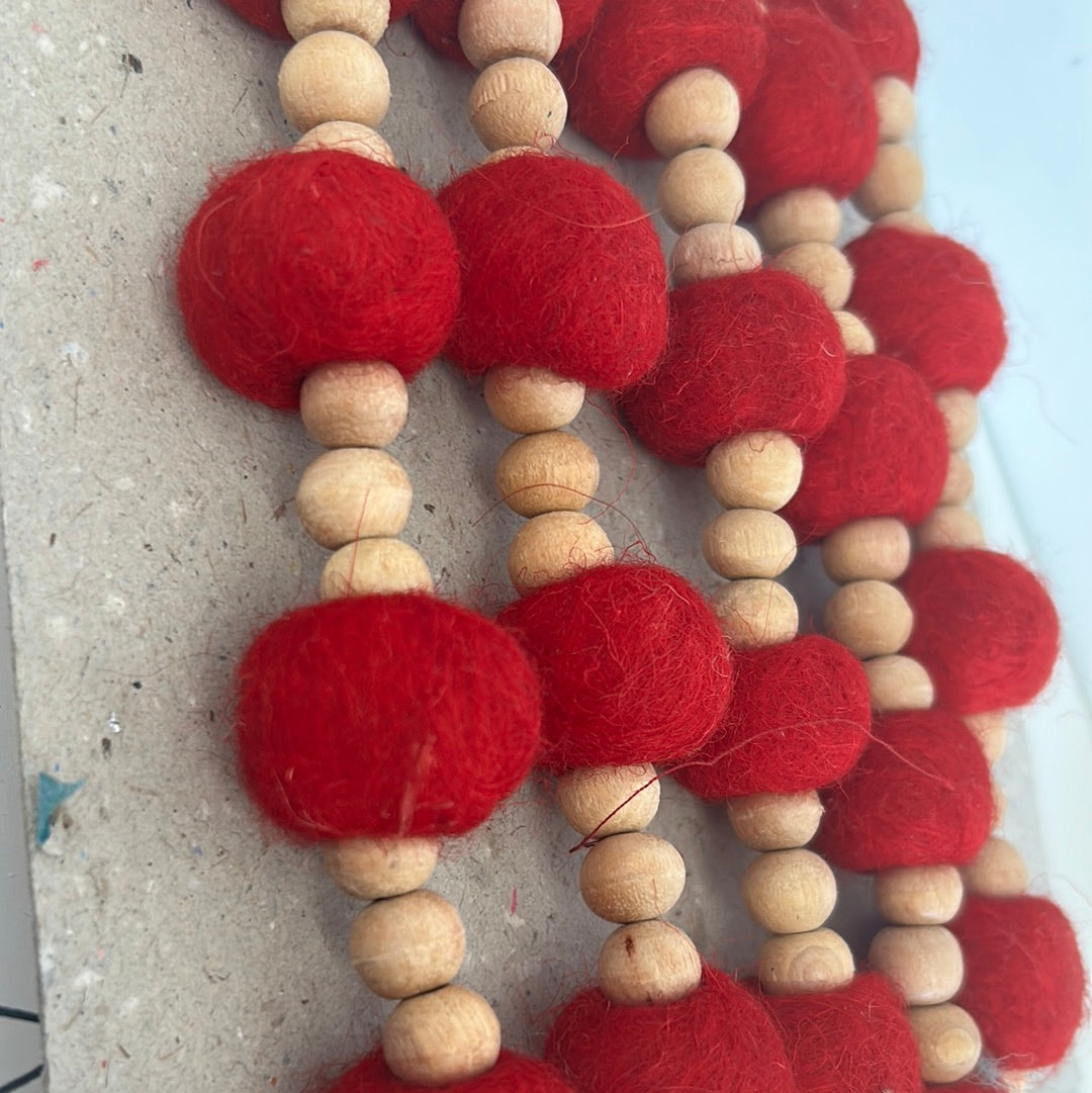 Red Wool and Wood Beaded Garland