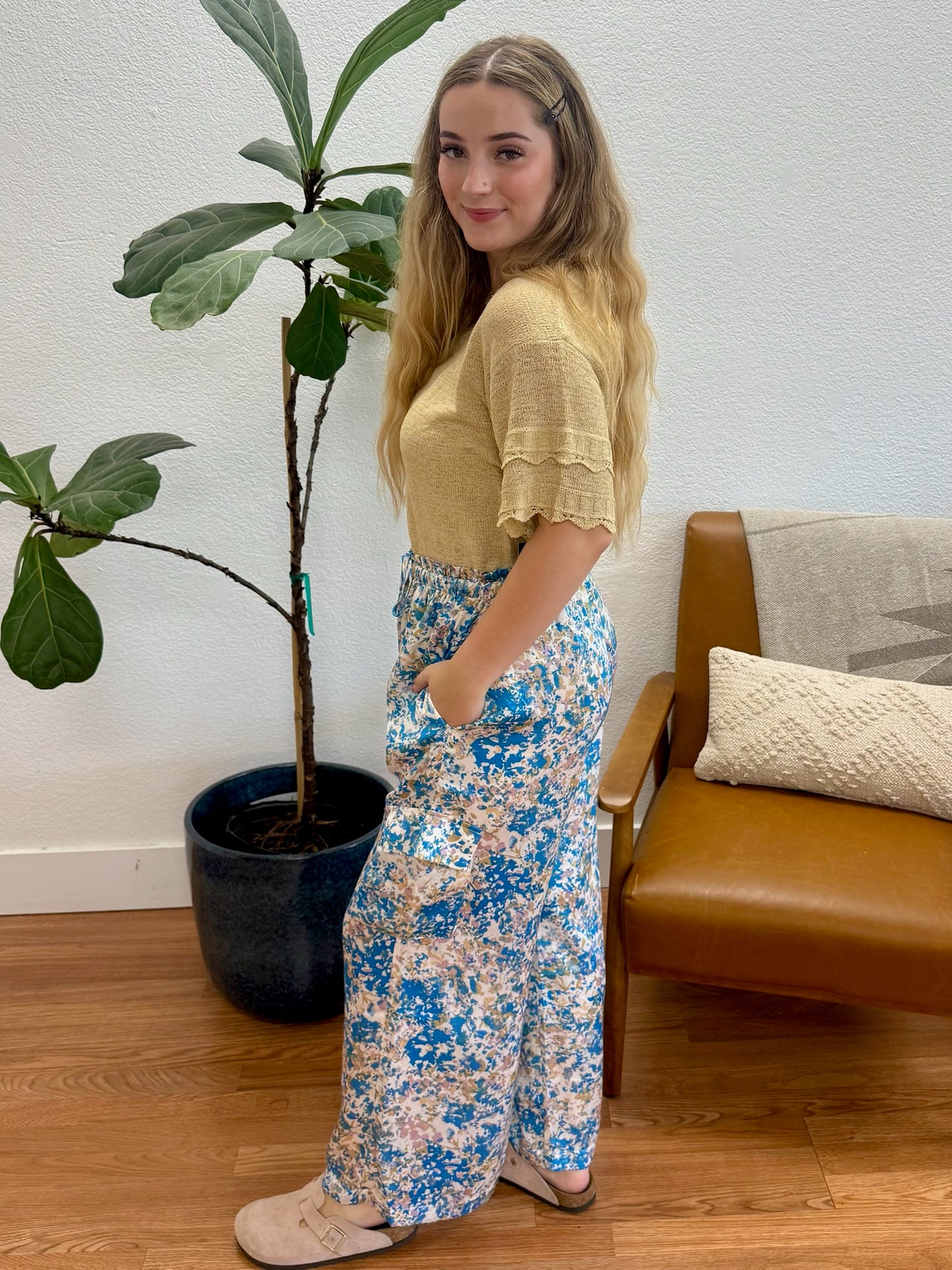 Blue Satin Cargo Pants