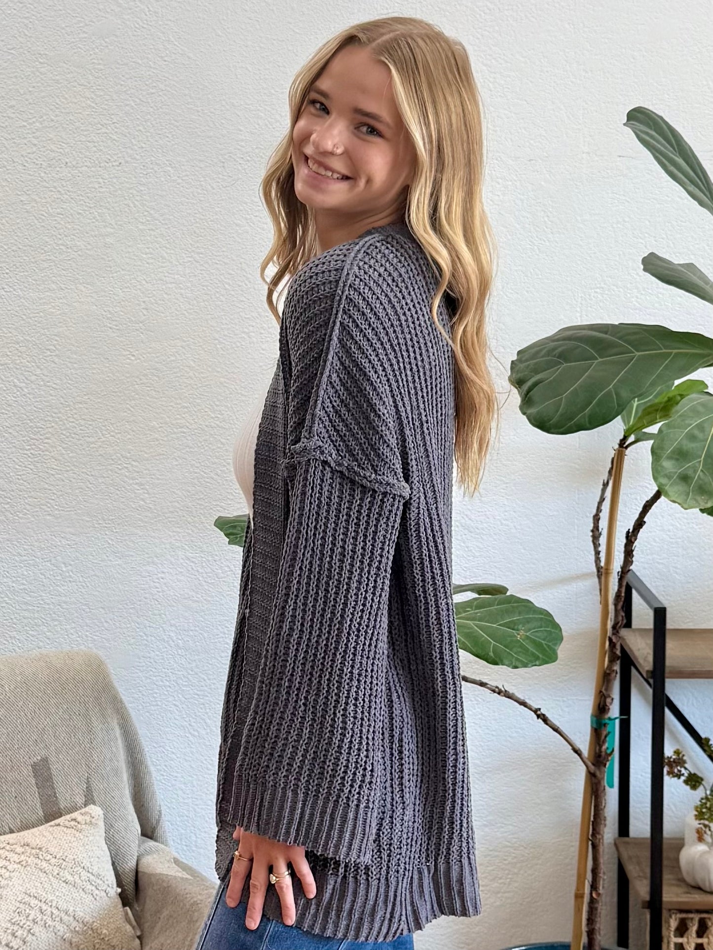 Charcoal Chunky Front Pocket Cardigan