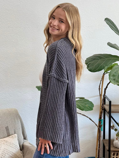 Charcoal Chunky Front Pocket Cardigan