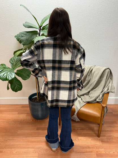 Black Plaid Button Shacket