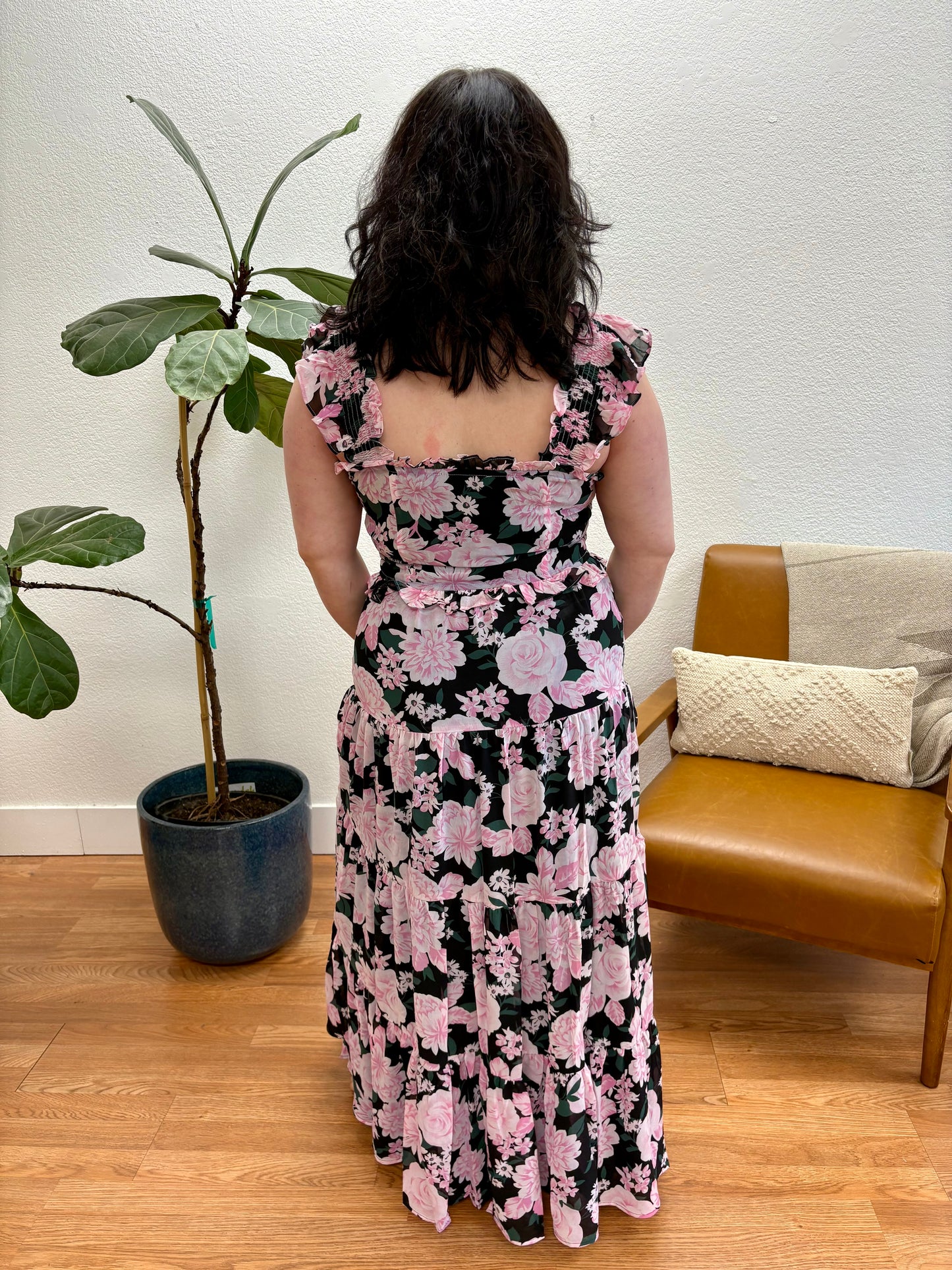 Black Pink Floral Tiered Maxi Skirt