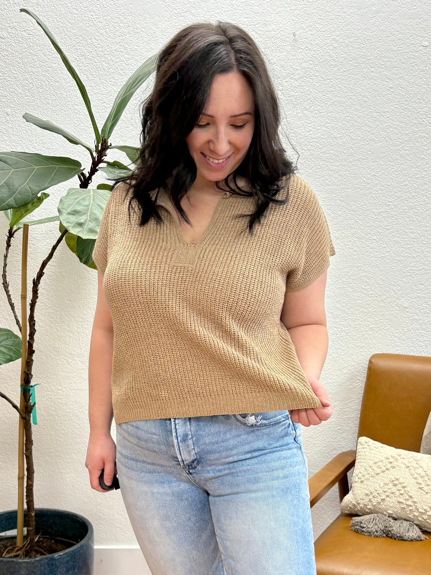 Tan Split Neck Knit Pullover