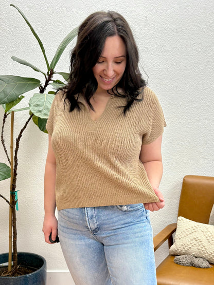 Tan Split Neck Knit Pullover